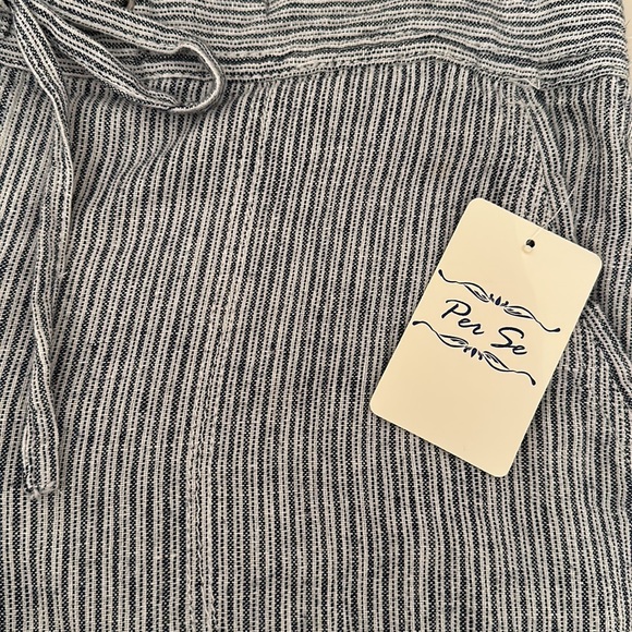 Per Se Linen Viscose Shorts Stripe 15-Navy Blue / White  pockets front & back M - Picture 7 of 8